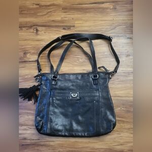The Sak Black Leather Shoulder Handbag Purse, Stylish, Zippers, Tassle